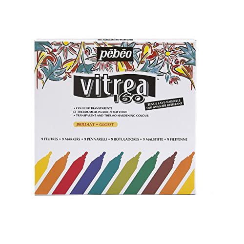 Pebeo Vitrea 160 Assorted Glossy Glass Paint Markers - Set of 9 Assorted Colors, DIY Arts and Crafts Painting Supplies, Microwave and Dishwasher Safe Formula (118100) - color: Set of 9 - Glossy, style: Sets