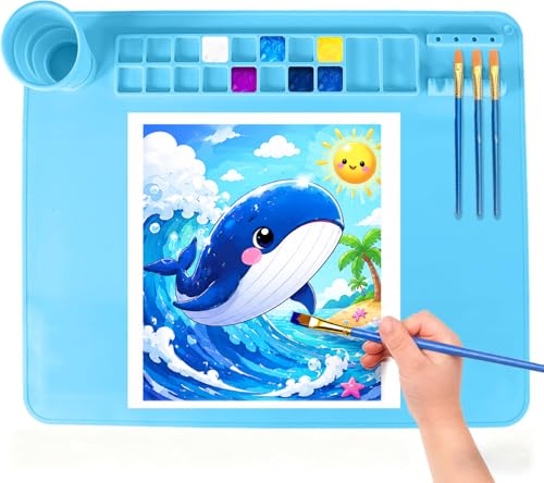 Silicone Painting Mat, 20"X16" Craft Mat,Large Art Mat with Built in Cup and Paintbrush Holder, Nonslip Clay Mats, Color Dividers Silicone Mats for Painting, Table, Resin and DIY Blue - color: Blue