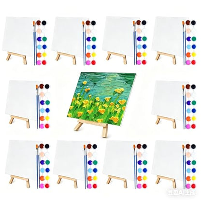 10 Set Mini Acrylic Paint Kit, Mini Canvas with Wooden Easels Acrylic Paints Strips, Minis Easel with Canvases for Kids Adults Classroom Birthday Painting Party (6 x 6Inch)