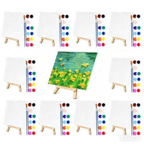 10 Set Mini Acrylic Paint Kit, Mini Canvas with Wooden Easels Acrylic Paints Strips, Minis Easel with Canvases for Kids Adults Classroom Birthday Painting Party (6 x 6Inch)