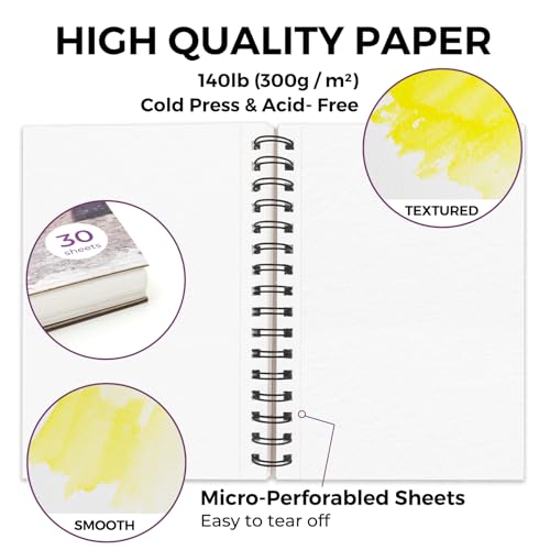 Funto Watercolor Pad 5.5x8.5, 30 Sheets, 140lb/300gsm, Double-Sided Cold Press, Spiral Bound, Heavyweight Paper for Watercolor Painting