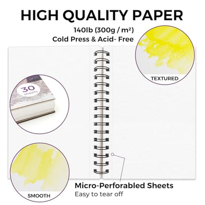 Funto Watercolor Pad 5.5x8.5, 30 Sheets, 140lb/300gsm, Double-Sided Cold Press, Spiral Bound, Heavyweight Paper for Watercolor Painting