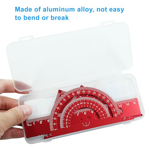 4 Pcs Triangular Ruler Set, Aluminum Alloy Geometry Tools, Metal Drafting Ruler for Students, Draftsmen, Engineers, School Office Supplies with Protractor & Metric Scales (Red) - color: Red