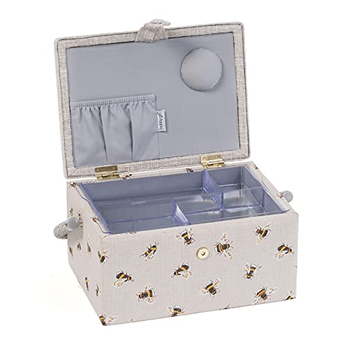 Hobby Gift Medium Sewing Box Organiser, Fabric Covered Storage Box with Handle, Internal Tray, Pin Cushion and Pocket for Sewing, Quilting and Knitting Supplies - color: Bees
