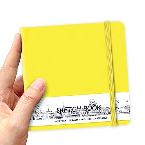5" x 5" Hardcover Sketch Book,Small Mixed Media Sketch Pad,58 Sheets 150GSM Acid-Free Artist Drawing Paper,Travel Journal Blank Notebook for Adults Painting,Illustration,Art Supplies.Bright Yellow - color: 150gsm PU-bright yellow