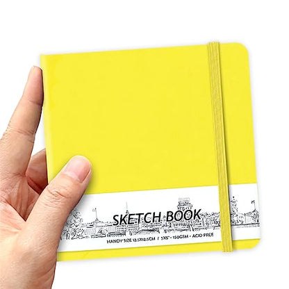 5" x 5" Hardcover Sketch Book,Small Mixed Media Sketch Pad,58 Sheets 150GSM Acid-Free Artist Drawing Paper,Travel Journal Blank Notebook for Adults Painting,Illustration,Art Supplies.Bright Yellow - color: 150gsm PU-bright yellow