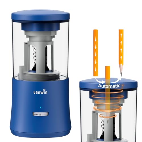 tenwin Electric Pencil Sharpener, Fully Automatic Pencil Sharpener for 6-8mm Colored Pencils, Hands-Free Rechargeable Sharpener, Fast Sharpening, No Uneven Tips, Also for Short Pencils, Blue - color: Blue