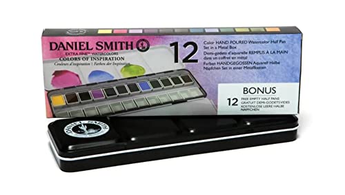 Daniel Smith 285650103 Extra Fine Inspirational Solid Watercolor Paint, Set of 12 Colors, Half Pan, Metal Case and 12 Empty Containers - style: Inspirational Half Pan Set of 12 Colors with Metal Case and 12 Empty Containers