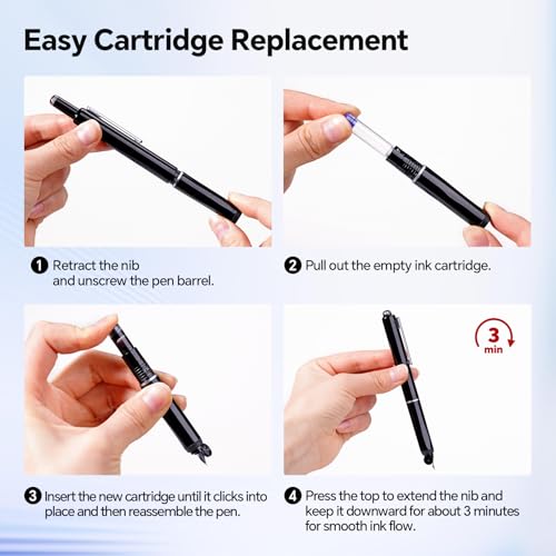 WRITECH Fountain Pen Left Handed: Retractable Style Black Ink Set Fine Nib, Includes 5 Ink Cartridges for Smooth Writing Calligraphy Journaling - color: Black