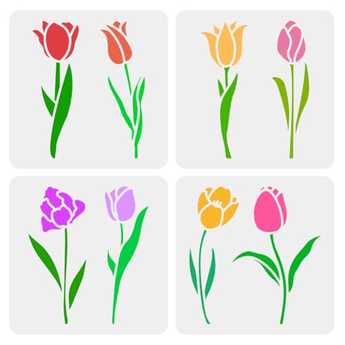 FINGERINSPIRE 4 PCS Single Tulip Stencils for Painting 5.9x5.9inch Tulip Flowers Templates Decorative Tulip Stencils Plastic PET Flowers Drawing Templates Plant Theme Stencils for Furniture Decor