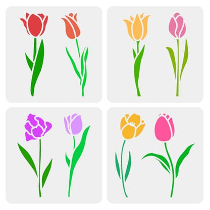 FINGERINSPIRE 4 PCS Single Tulip Stencils for Painting 5.9x5.9inch Tulip Flowers Templates Decorative Tulip Stencils Plastic PET Flowers Drawing Templates Plant Theme Stencils for Furniture Decor