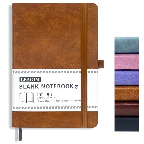 Blank Journal Notebook, A5, 192 Pages 100 GSM Thick Sketch Book for Women Men, Hardcover Leather Unlined Journaling for Work, Notebooks for Writing, 5.8 inches x 8.5 inches (Brown) - color: Brown, style: a-Blank