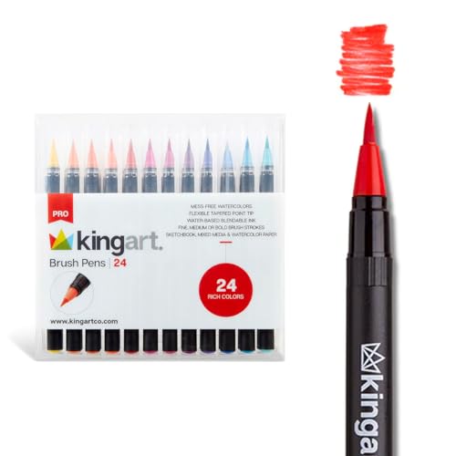 KINGART Pro Brush Pens, 24 Colors for Real Watercolor Painting with Flexible Nylon Brush Tips, Paint Markers for Coloring, Calligraphy and Drawing for Artists and Beginner Painters - color: 24 RICH COLORS
