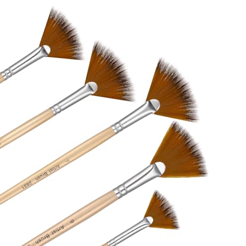 Prasacco 5 Pieces Fan Brush for Painting, Oil Acrylic Paint Brushes Artist Fan Brushes Nylon Hair Long Wood Handle Painting Brush for Acrylic Watercolor Oil Gouche Painting(1#, 3#, 5#, 7#, 9#) - color: Dark Brown