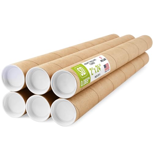 2" x 24" Reinforced Kraft Paper Mailing Tube, Pack of 6 Tubes with 12 Caps – Secure USPS Approved Poster Tube – Made in USA Cardboard Tube for Shipping and Storing Posters, Prints, Artwork - color: Standard-Duty, size: 2" x 24"