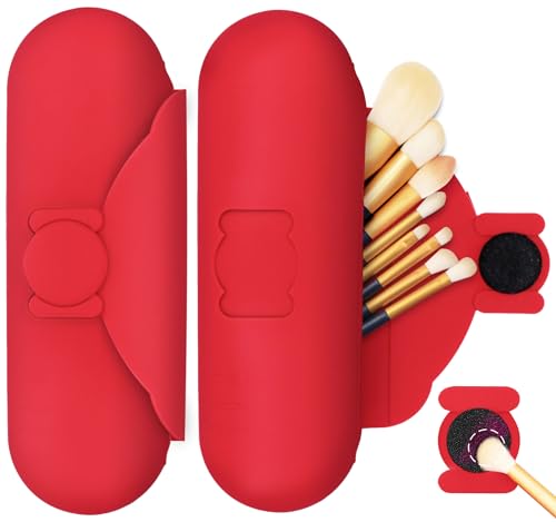 Travel Makeup Brush Holder with Cleaning Pad -Silicone Brush Organizer Case, Magnetic Closure Waterproof Cosmetic Bag for Easy Storage & On-the-Go Cleaning (9.05 Inch) - color: Red