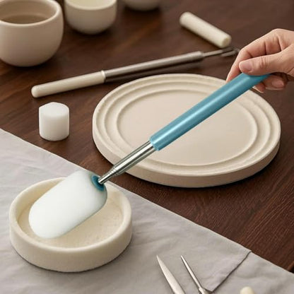 Telescoping Sponge Stick for Pottery, Stainless Steel Telescoping Sponge Set for Pottery Makers, Adjustable Sponges for Clay, 3 Pack, 9.1 in to 21.5 in Length