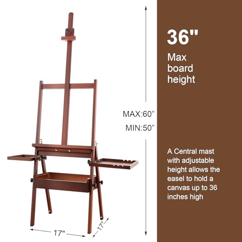 Large Wooden H-Frame Studio Easel with Storage Drawer and Palettes, Solid Beechwood Painting Easel for Students, Beginners, and Artists, Hold Canvas to 36Inches High, Walnut - style: Side Trays Walnut