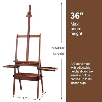 Large Wooden H-Frame Studio Easel with Storage Drawer and Palettes, Solid Beechwood Painting Easel for Students, Beginners, and Artists, Hold Canvas to 36Inches High, Walnut - style: Side Trays Walnut