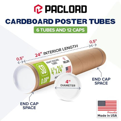 4" x 24" Reinforced Kraft Paper Mailing Tube, Pack of 6 Tubes with 12 Caps – Secure USPS Approved Poster Tube – Made in USA Cardboard Tube for Shipping and Storing Posters, Prints, Artwork - size: 4" x 24", style: Standard Duty