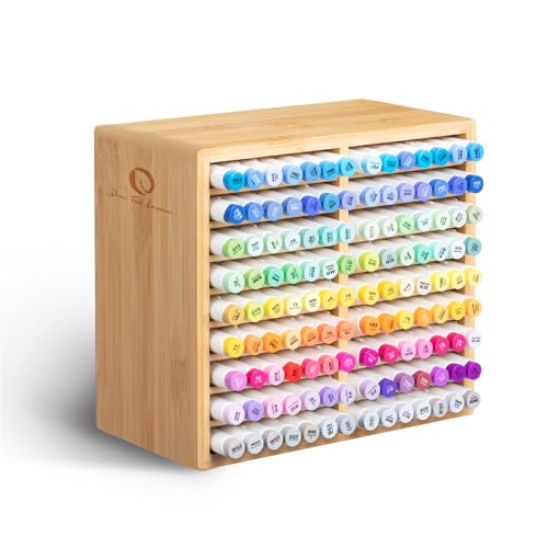 Ohuhu Bamboo Marker Organizer, Wooden Desktop Storage Hold 126 Markers, Pens, Pencils, Art Brushes Stationary Organizer Pencil Holder with 18 Compartments for Home, Classroom, Office Decor - style: Rounded Corner Hold 126 Markers