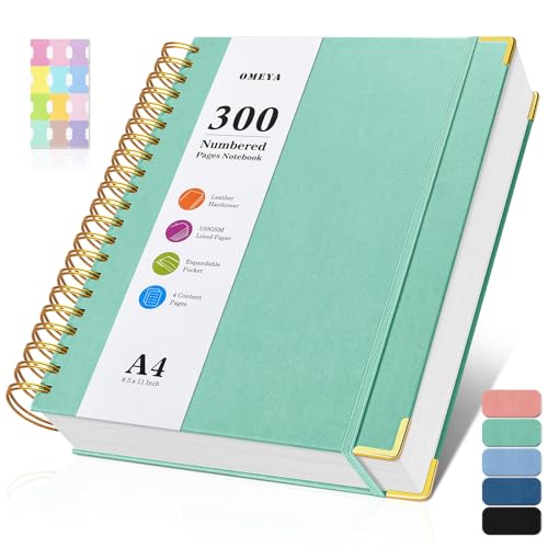 Spiral Notebook 8.5" x 11", 300 Numbered Pages Notebooks College Ruled with Contens, 100GSM Thick Journal for Women Men, Hardcover Leather Lined Journal for Writing, Large A4 Notebooks for Work School - color: Green, size: A4