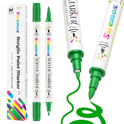 2 Green Paint Marker Acrylic Pens for Fabric Rocks Canvas Ceramic Glass | Suitable for Almost All Surface - color: Green, size: 2
