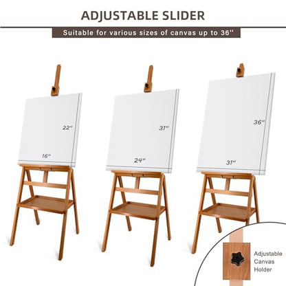 Solid Beech Wood Painting Easel with Storage Plate (60"~75" H), H-Frame Adjustable Art Wooden Easel Stand with Signature Plate for Adults, Students,Sturdy Canvas Holder up to 36'' - style: Easel Plate