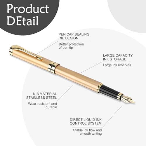 Tiankool Luxury Fountain Pen,Fine Nib, Exquisite Pen Gift Set for Men&Women-Includes 10 Ink Cartridges&Ink Converter- Nice Pens - Gold - color: Gold