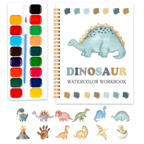 Easy Dinosaur Watercolor Workbook for Beginners, Water Coloring Book, 18 Colors Watercolors Paint Set, 12 Patterns Watercolor Kit, Fun Family Art Activity, Gift for Adults Teen - color: dinosaur