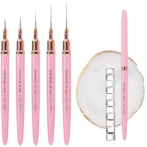 GELPARTY 7Pcs Pink Nail Art Brush Set - Professional Ultra-Fine Liner & Detail Brushes for Gel Polish & Acrylic Nails - Includes White Agate Palette & Holder - Manicure Design Tool Kit - color: Pink