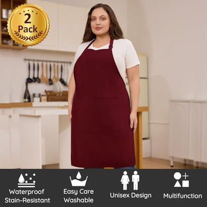2 Pack Plus Size Waterproof Cooking Chef Apron with 2 Pockets for Men Women - color: Red