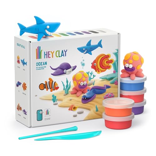 Hey Clay 15 Cans Set - Colourful Modelling Kids Air-Dry Clay 15 Cans with Sculpting Tools and Fun Interactive Instructions for Children Age 3+ (Ocean) - style: Ocean