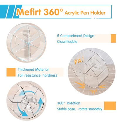 Mefirt Acrylic Pen Holder, 2 Pack 360 Rotating Organizer With 6 Compartments, Desk Office Storage for 800 Pens, Markers, Crayons and Art Supplies - style: Clear-Large 2 PACK