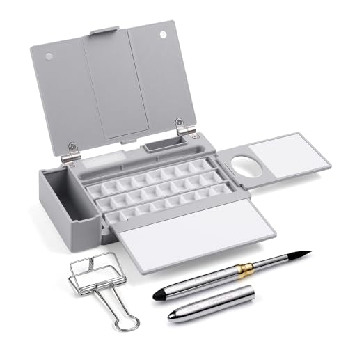 Fuumuui Travel Watercolor Palette Box, All-in-One Portable Watercolor Kit with 24 Empty Removable Half-pan Grids, Travel Brush, Watercolor Cup and Clip - Plein Air Set for Left Hand Artists - style: Left