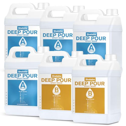 Shabebe Deep Pour Epoxy Resin 4.5 Gallon, 2 to 4 Inch Depth Clear Epoxy Resin Kit, Bubble Free, Low Odor 2:1 Casting for Table Top, Countertop, River Table, Wood Filler, Bar Top - size: 4.5 Gallon