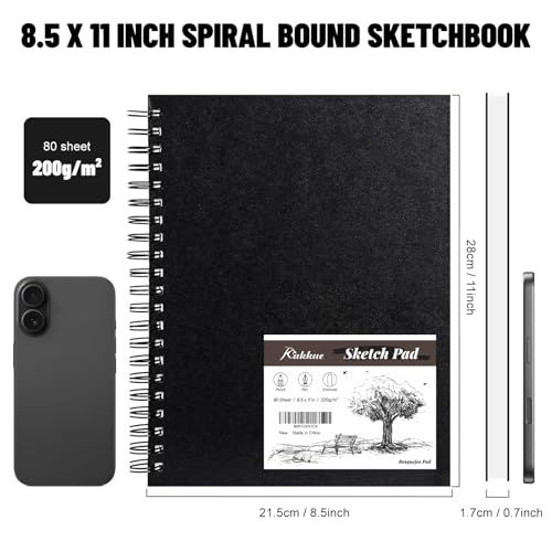 KAKKUE 8.5" x 11" 200 GSM Premium Mixed Media Sketchbook, 80 Sheets (160 Pages), Hardcover Spiral Bound Drawing Pad, Acid-Free Thick Artist Paper for Watercolor, Illustration & Professional Sketching - size: 8.5*11 inch(80 Sheets)