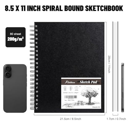 KAKKUE 8.5" x 11" 200 GSM Premium Mixed Media Sketchbook, 80 Sheets (160 Pages), Hardcover Spiral Bound Drawing Pad, Acid-Free Thick Artist Paper for Watercolor, Illustration & Professional Sketching - size: 8.5*11 inch(80 Sheets)