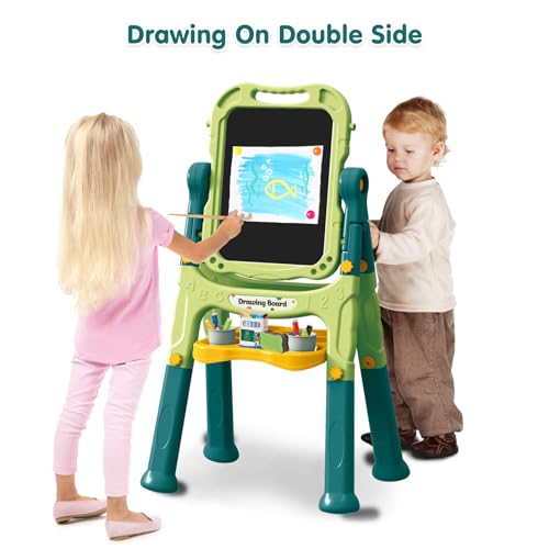 Kids Art Easel, Adjustable Drawing White Board & Chalk Board, Toddler Double Sided Easel with Painting Accessories, Birthday Gift for Girls Boy Age 3 4 5 (Green) - color: Green