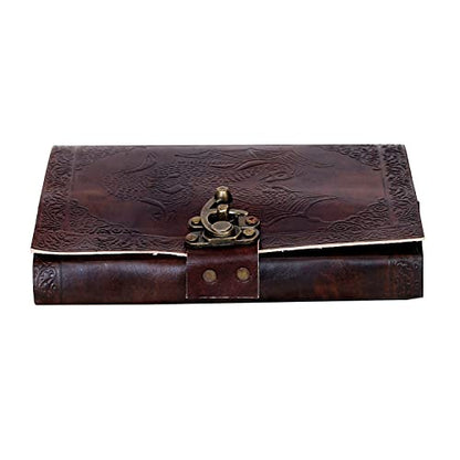 AzureGreen DOUBLE DRAGON Blank Page BOOK Handcrafted Leather Writing Unlined 5 x 7 JOURNAL (Brown With Claps) - color: Brown With Claps