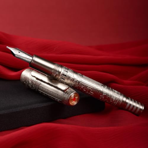 Hongdian 100 Silver Steel Piston Fountain Pen, Iridium Long Blade Fine Nib Calligraphy, Smooth Writing Pens, Nice Writing Pen for Men & Women - color: Silver-100, style: Long Blade Point