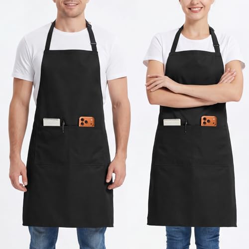 BOHARERS 2 Pack Cooking Kitchen Aprons with 2 pockets Unisex Adjustable Chef Apron for Women Men - color: A1-2 Pack Black