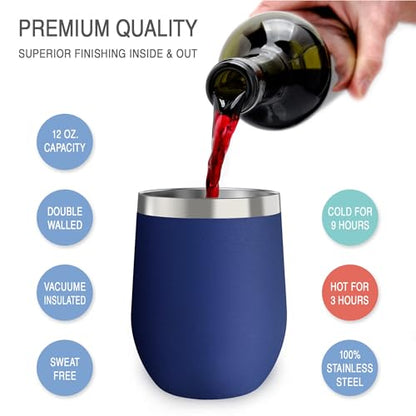 CHILLOUT LIFE 12 oz Stainless Steel Wine Tumbler with Lid - Double Wall Vacuum Insulated Wine Cup Glass Keeping Cold & Hot for Coffee, Champagne, Cocktails, Ice Cream - Powder Coated Navy Blue - color: Navy Blue, style: 1 Pack