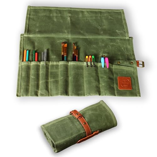Earth & Fiber Co. Compact Waxed Canvas Paint Brush Holder - Portable Art Bag for Painting & Drawing - Art Supplies Organizer - Storage Roll Bag for Artists - color: green