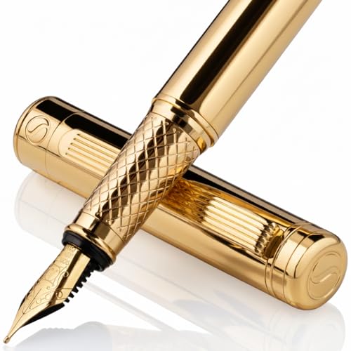 Scriveiner Luxury Fountain Pen - Stunning Gold Luxury Pen, Real Gold Finsih, Schmidt Gilded Nib (Medium), Converter, Best Pen Gift Set for Men & Women, Professional, Executive, Office, Nice Pens - color: 11. Gold, style: Medium Nib