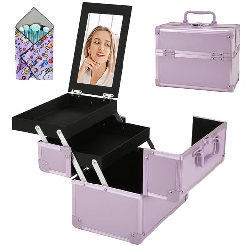 Makeup Train Case, Portable Makeup Case with Mirror, 2-Trays Cosmetic Organizer Case,Nail Polish Organizer, Travel Makeup Box, Profesional for Salon Barber, Purple - color: Purple