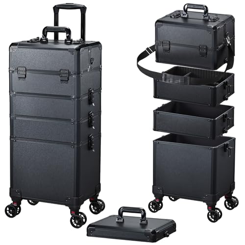 Rolling Makeup Case Makeup Train Case with Lid 5 in 1 Cosmetology Case on Wheels Cosmetic Trolley Organizer Large Makeup Organizers Case Profesional Cosmetic Case for Salon Barber Nail Beauty, Black - color: Black