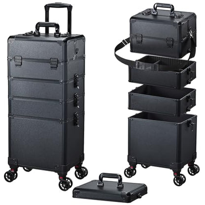 Rolling Makeup Case Makeup Train Case with Lid 5 in 1 Cosmetology Case on Wheels Cosmetic Trolley Organizer Large Makeup Organizers Case Profesional Cosmetic Case for Salon Barber Nail Beauty, Black - color: Black