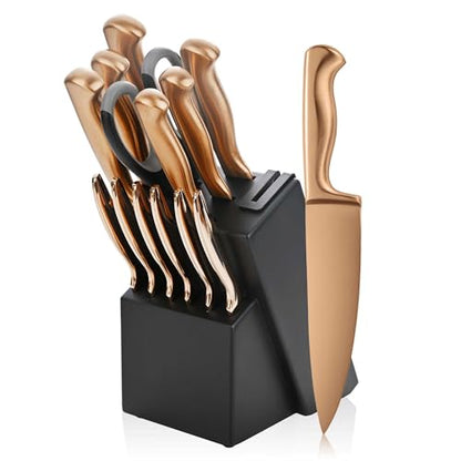 15-Piece Rose Gold Knife Block Set with Sharpener, Chef Professional Knife Set, Stainless Knife Set With Scissors, Steak Knives - color: Rose Gold