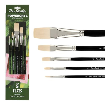 Creative Mark Pro-Stroke Powercryl Acrylic Paint Brushes - Flats Value Set of 5, Synthetic Paint Brushes for Artists, Seamless Nickel-Plated Ferrules, Matte Black Wooden Handle, Soft-Touch Grip